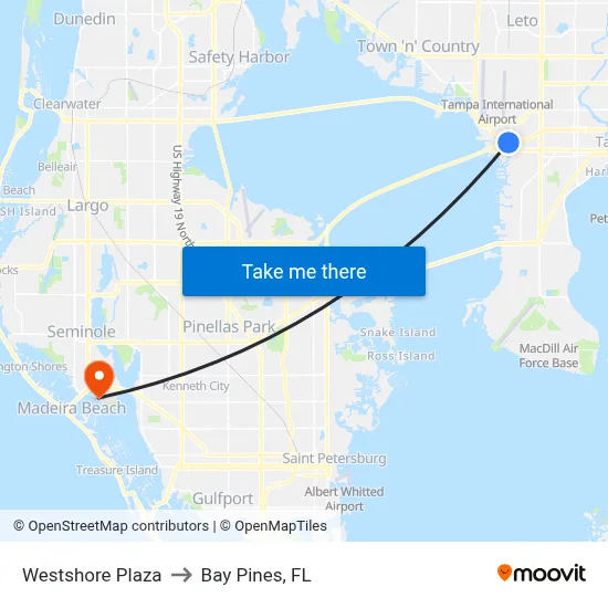 Westshore Plaza to Bay Pines, FL map