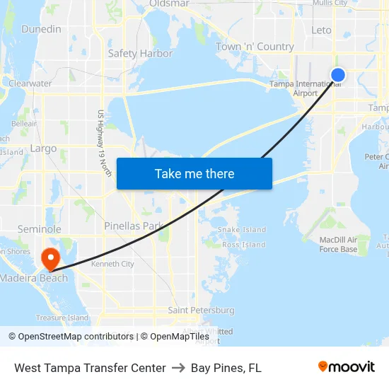West Tampa Transfer Center to Bay Pines, FL map