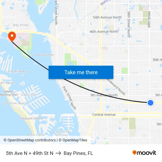 5th Ave N + 49th St N to Bay Pines, FL map