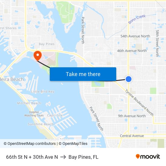 66th St N + 30th Ave N to Bay Pines, FL map