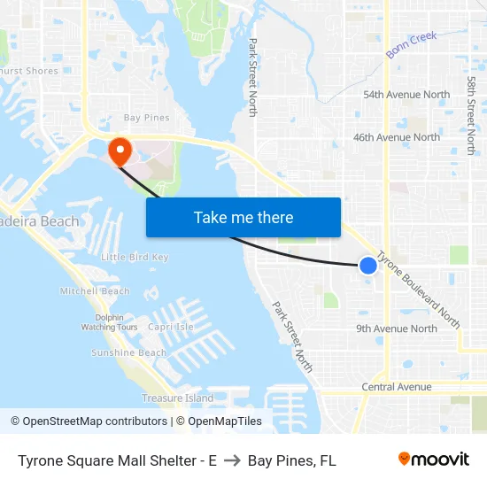 Tyrone Square Mall Shelter - E to Bay Pines, FL map