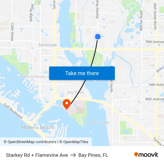 Starkey Rd + Flamevine Ave to Bay Pines, FL map