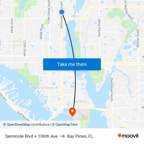 Seminole Blvd + 106th Ave to Bay Pines, FL map