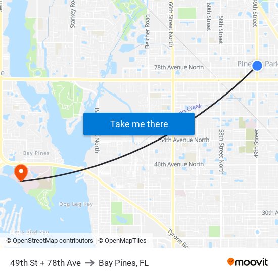 49th St + 78th Ave to Bay Pines, FL map