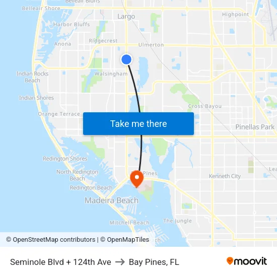 Seminole Blvd + 124th Ave to Bay Pines, FL map