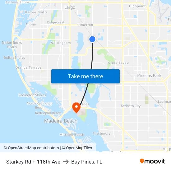 Starkey Rd + 118th Ave to Bay Pines, FL map