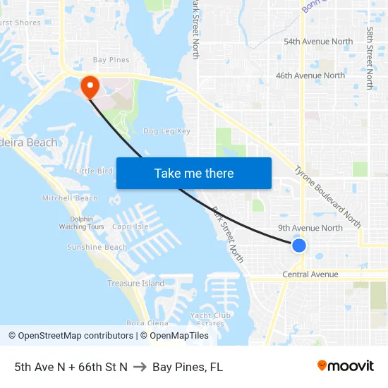 5th Ave N + 66th St N to Bay Pines, FL map