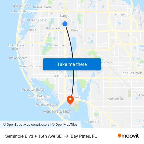 Seminole Blvd + 16th Ave SE to Bay Pines, FL map