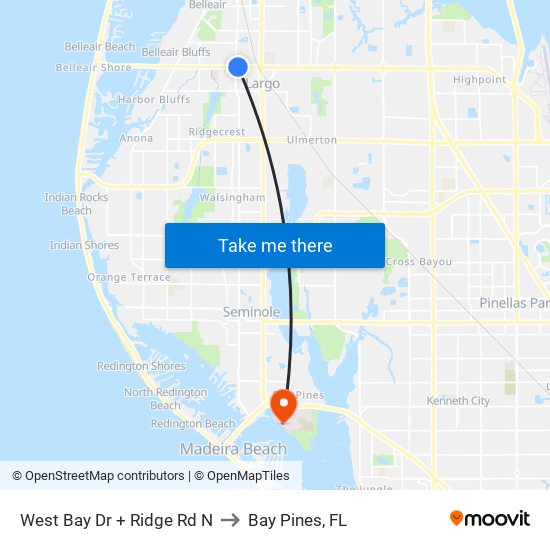 West Bay Dr + Ridge Rd N to Bay Pines, FL map