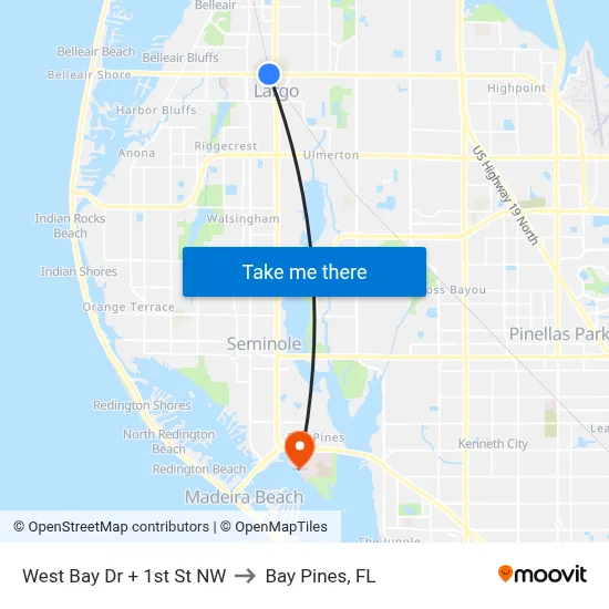 West Bay Dr + 1st St NW to Bay Pines, FL map
