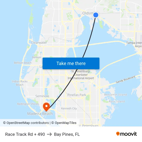 Race Track Rd + 490 to Bay Pines, FL map