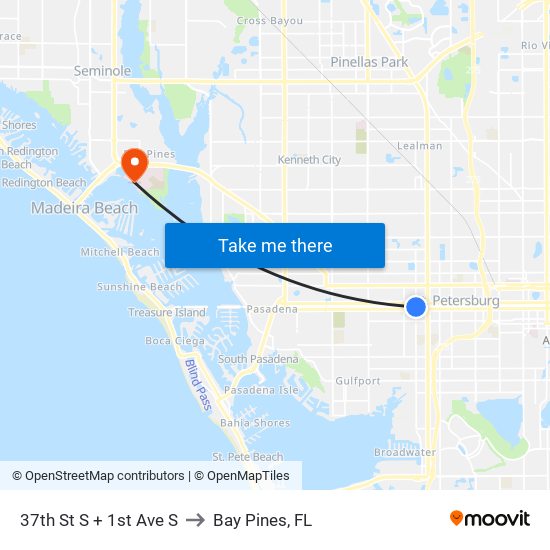 37th St S + 1st Ave S to Bay Pines, FL map