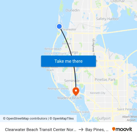Clearwater Beach Transit Center North to Bay Pines, FL map