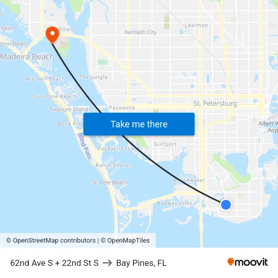 62nd Ave S + 22nd St S to Bay Pines, FL map