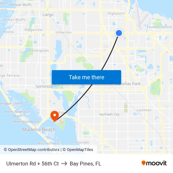 Ulmerton Rd + 56th Ct to Bay Pines, FL map