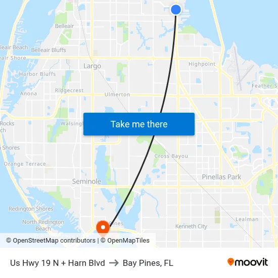 Us Hwy 19 N + Harn Blvd to Bay Pines, FL map