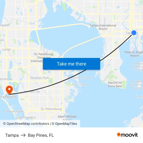 Tampa to Bay Pines, FL map