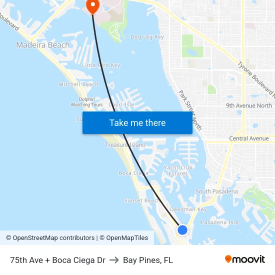 75th Ave + Boca Ciega Dr to Bay Pines, FL map