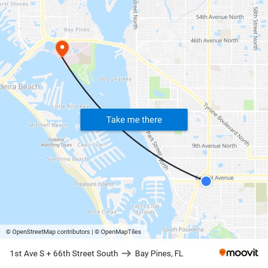 1st Ave S + 66th Street South to Bay Pines, FL map