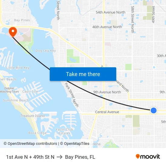 1st Ave N + 49th St N to Bay Pines, FL map