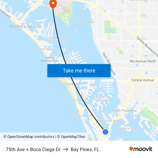 75th Ave + Boca Ciega Dr to Bay Pines, FL map