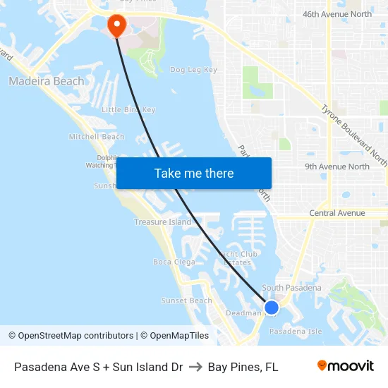 Pasadena Ave S + Sun Island Dr to Bay Pines, FL map