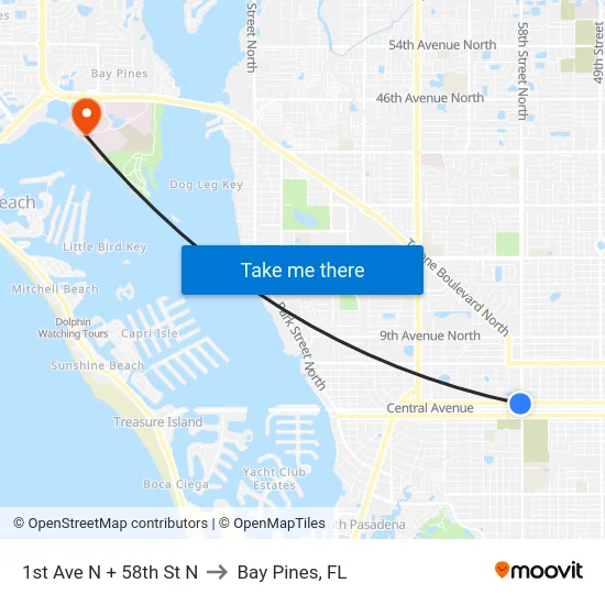 1st Ave N + 58th St N to Bay Pines, FL map
