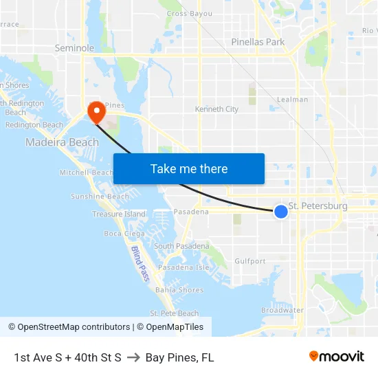 1st Ave S + 40th St S to Bay Pines, FL map