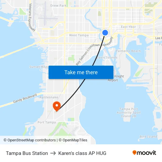 Tampa Bus Station to Karen's class AP HUG map