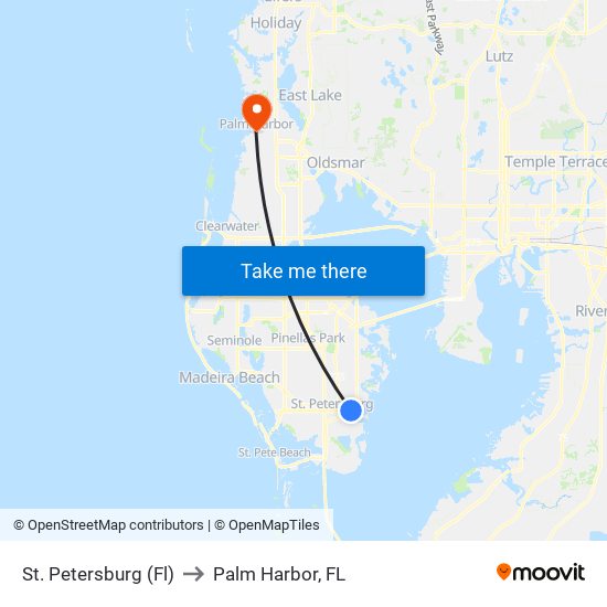 St. Petersburg (Fl) to Palm Harbor, FL map