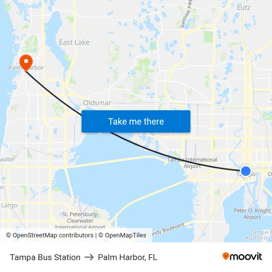 Tampa Bus Station to Palm Harbor, FL map
