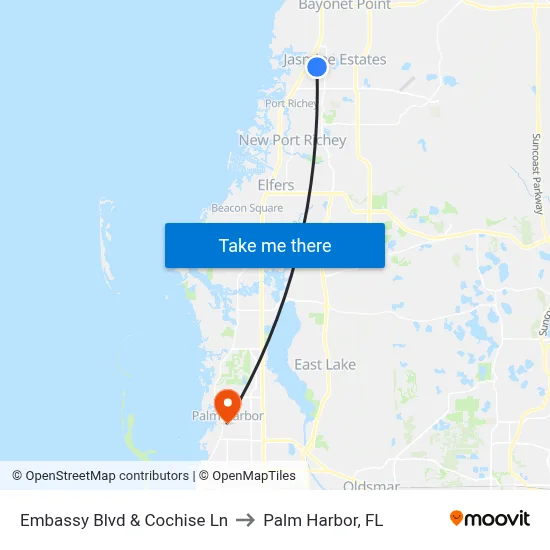 Embassy Blvd & Cochise Ln to Palm Harbor, FL map