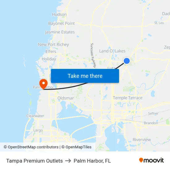 Tampa Premium Outlets to Palm Harbor, FL map