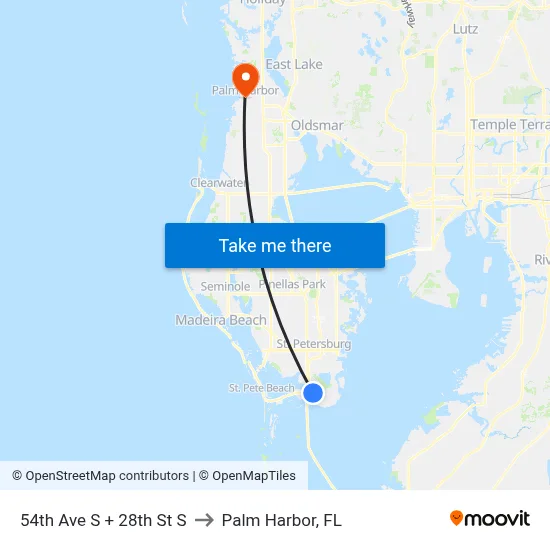 54th Ave S + 28th St S to Palm Harbor, FL map