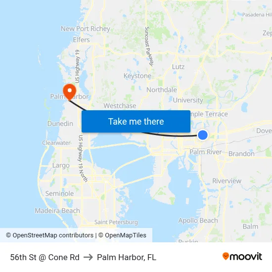 56th St @ Cone Rd to Palm Harbor, FL map