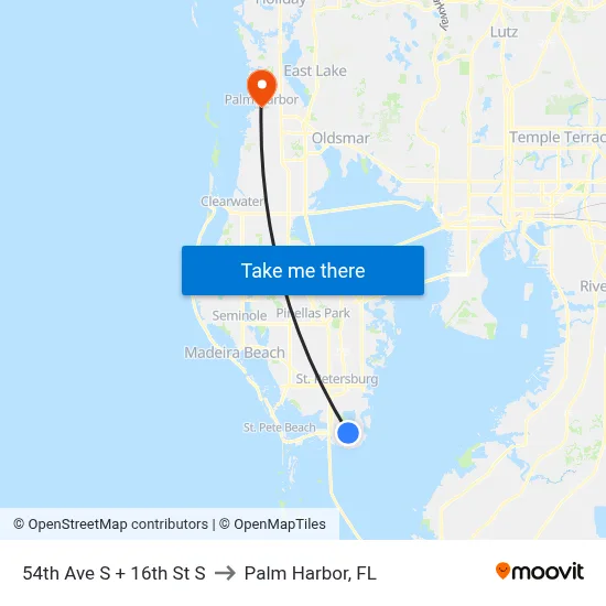 54th Ave S + 16th St S to Palm Harbor, FL map