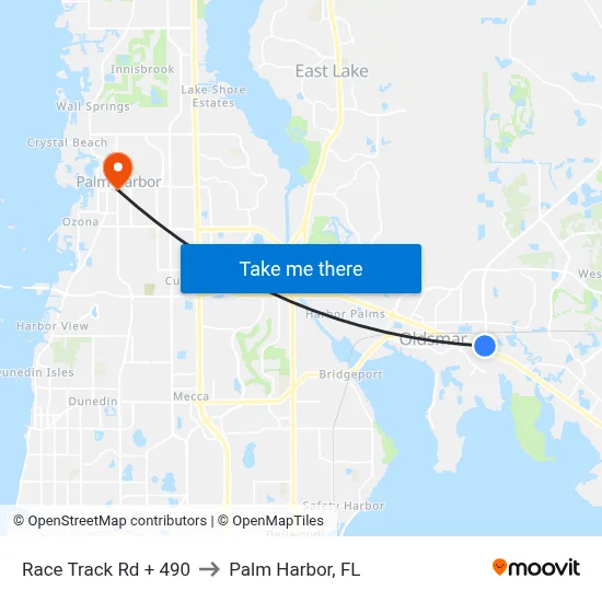Race Track Rd + 490 to Palm Harbor, FL map