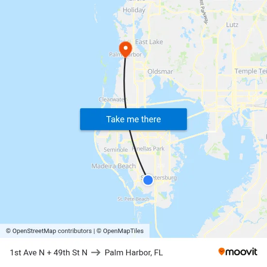 1st Ave N + 49th St N to Palm Harbor, FL map