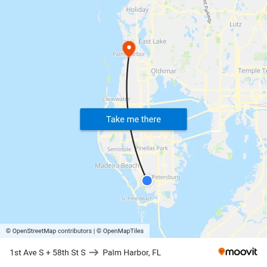 1st Ave S + 58th St S to Palm Harbor, FL map