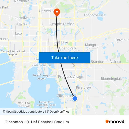 Gibsonton to Usf Baseball Stadium map