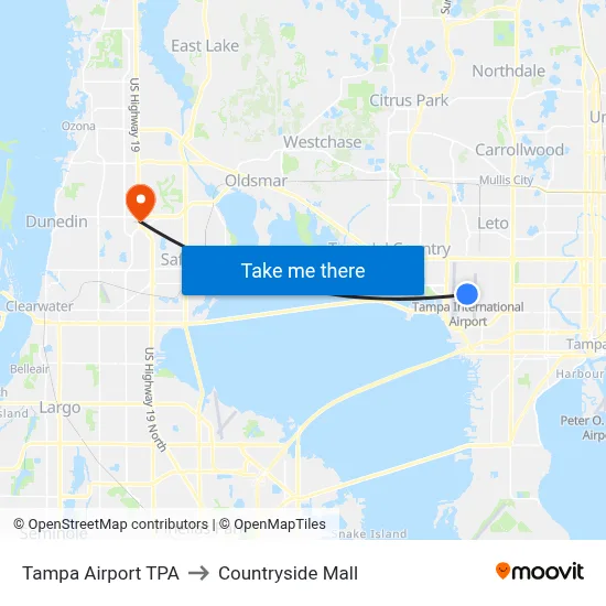 Tampa Airport TPA to Countryside Mall map