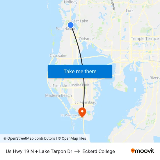 Us Hwy 19 N + Lake Tarpon Dr to Eckerd College map