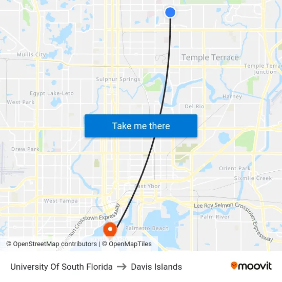 University Of South Florida to Davis Islands map