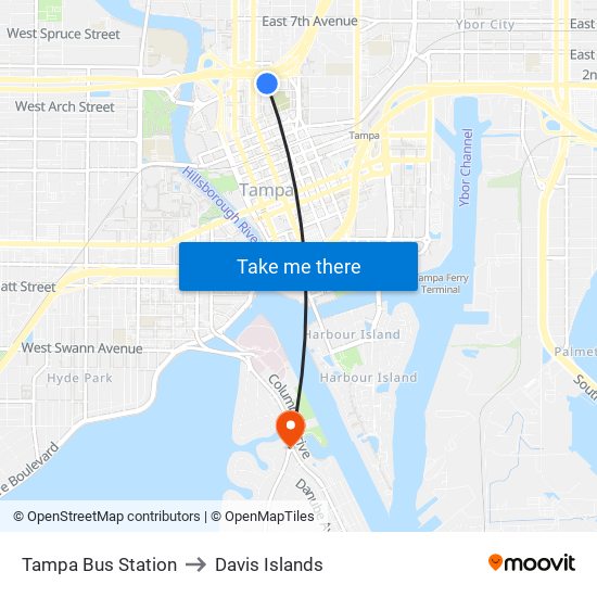 Tampa Bus Station to Davis Islands map