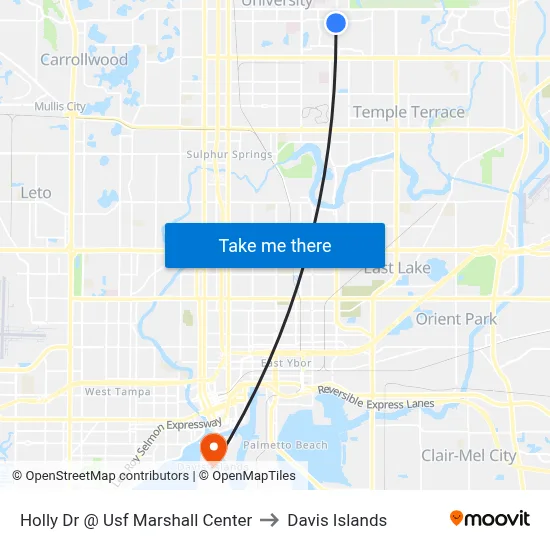Holly Dr @ Usf Marshall Center to Davis Islands map