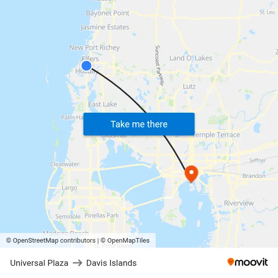Universal Plaza to Davis Islands map