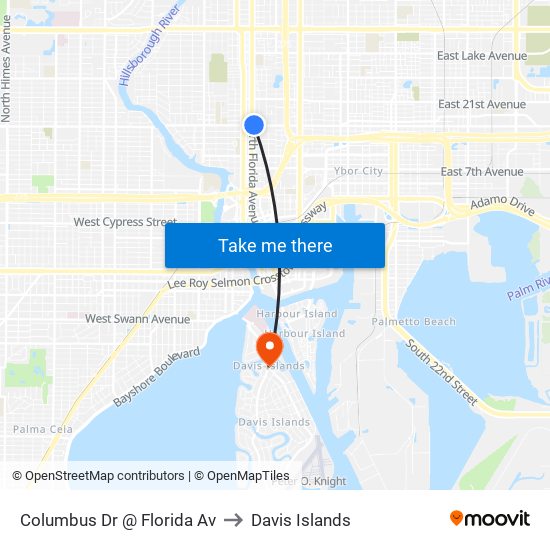 Columbus Dr @ Florida Av to Davis Islands map