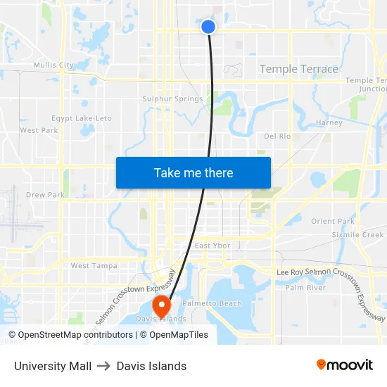 University Mall to Davis Islands map