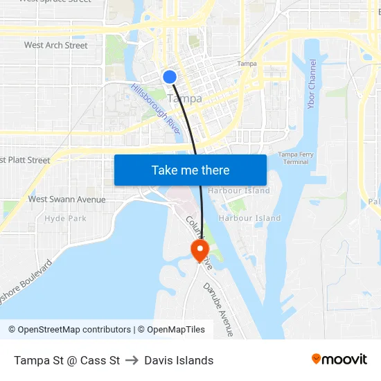 Tampa St @ Cass St to Davis Islands map