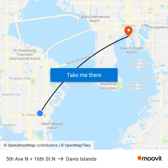 5th Ave N + 16th St N to Davis Islands map